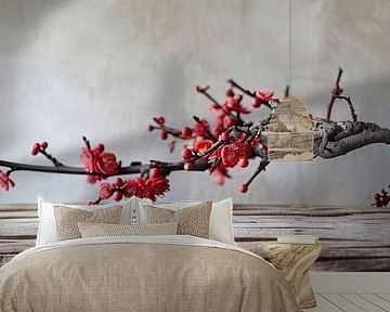 Branch with pink flowers still life as panorama by Digitale Schilderijen