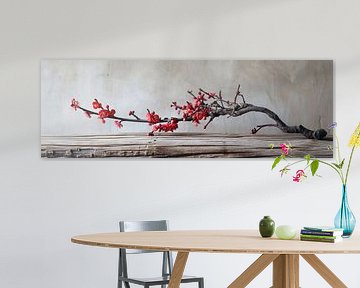 Branch with pink flowers still life as panorama by Digitale Schilderijen