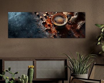 Koffie panorama op stenen tafel omringd door koffie bonen van Digitale Schilderijen