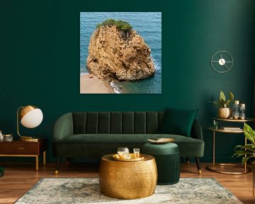 Parasol by the rock on the beach at the water's edge