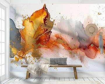 Abstraktes Panorama mit weißem Hintergrund mit Blättern von Digitale Schilderijen
