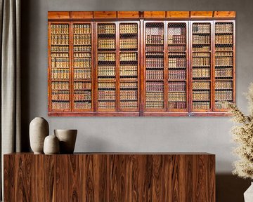 A wooden historical bookcase wall by Hilda Weges