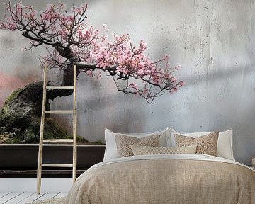Bonsai panorama minimalist still life with pink blossom by Digitale Schilderijen