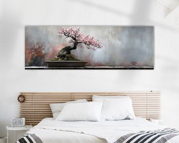 Bonsai panorama minimalist still life with pink blossom