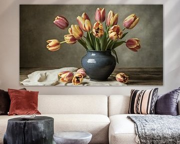 tulips in a blue vase