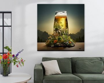 Verre de bière avec la nature, les montagnes et les fleurs sur NosDesign