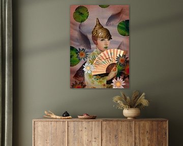 Japanese beauty with lotus flower, kimono, fan and fish by Blikstjinder by Betty J