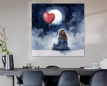 Girl with red balloon under the moonlight by Lauri Creates