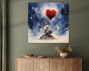 Little boy with red balloon under the stars by Lauri Creates