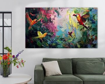 Peinture colorée Jungle avec perroquets sur Surreal Media