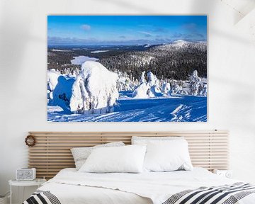 Landschap met sneeuw en bomen in de winter in Ruka, Finland van Rico Ködder