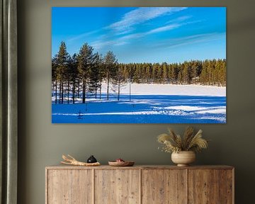 Landschap met sneeuw en bomen in de winter in Kuusamo, Finland van Rico Ködder