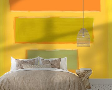 Peinture abstraite de jaune, orange et vert sur Rietje Bulthuis