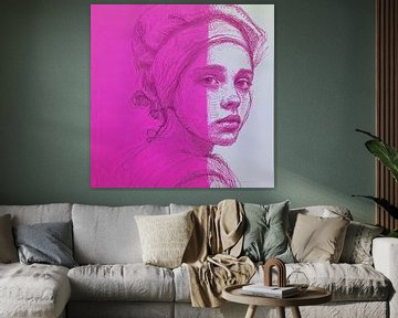 Classic portrait in pen and ink in modern pink jacket by Vlindertuin Art