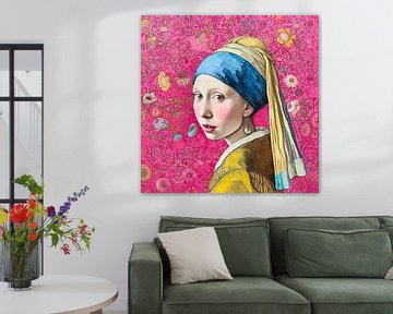 Girl with a pearl earring with flowers background by Vlindertuin Art