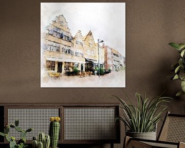 Aquarelschilderij van het pand De Gecroonde Liefde in Vlissingen, Zeeland van Danny de Klerk