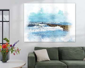 Aquarelschilderij van paalhoofd, strand en zee aan de kust van Domburg, Zeealand van Danny de Klerk