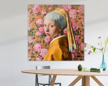 Fille avec une boucle d'oreille en perle et des pivoines sur Vlindertuin Art