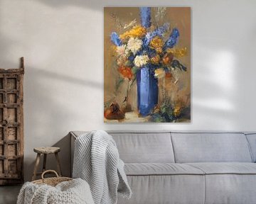 Blauwe vaas met bloemen van Nop Briex