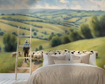Hirte mit Herde in den französischen Hügeln von Kees van den Burg