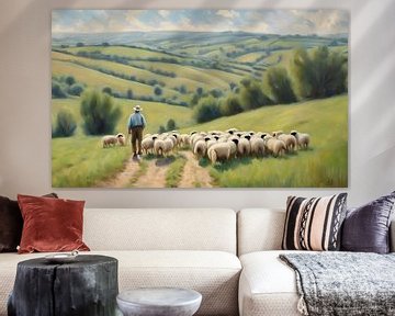 Shepherd with flock in the French hills by Kees van den Burg