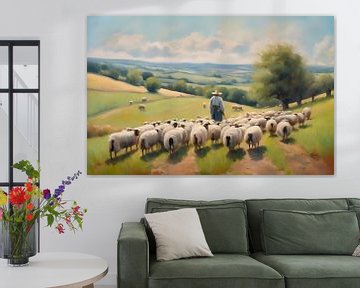 Shepherd with flock in the French hills by Kees van den Burg