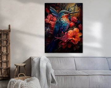 Kleurrijke kolibrie tussen bloemen van Luc de Zeeuw