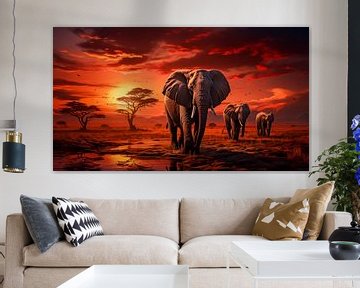 African elephants on the savannah during sunset by Luc de Zeeuw