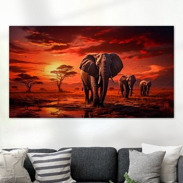 African elephants on the savannah during sunset