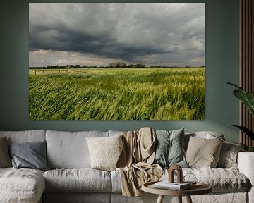 Graanvelden met donkere wolken van Antje Verleg-Dijk
