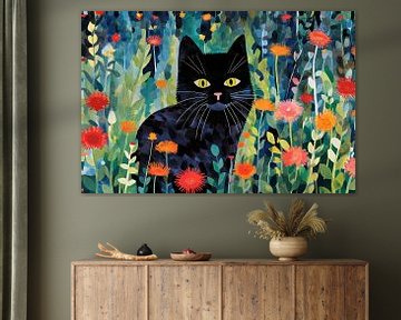 Schwarze Katze auf einer Blumenwiese von ARTemberaubend