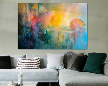 Abstract schilderij, geel, roze, blauw en groen van BowiScapes