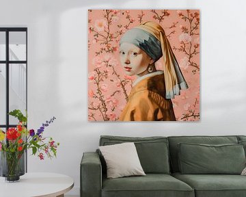 Classic girl with the pearl and blossom branches by Vlindertuin Art