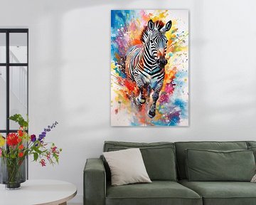 Rennende zebra in kleurrijk aquarel van Richard Rijsdijk