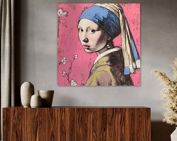 Chalk drawing Girl with a pearl earring and spring blossom by Vlindertuin Art