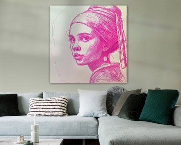 Pen drawing girl with the pearl in pink ink by Vlindertuin Art
