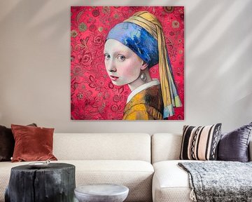 Girl with the pearl earring flowers background by Vlindertuin Art