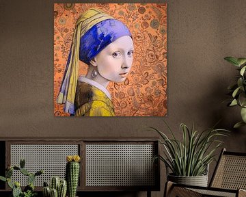 Girl with the pearl earring and flower wallpaper background by Vlindertuin Art