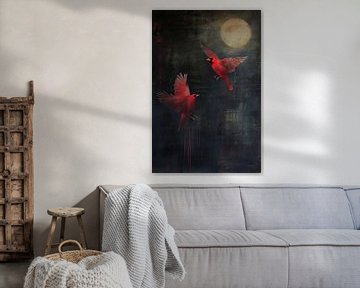 Oiseaux rouges - Lune | Danse de la lune cramoisie sur Kunst Kriebels