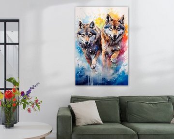 Rennende wolven in kleurrijk aquarel van Richard Rijsdijk