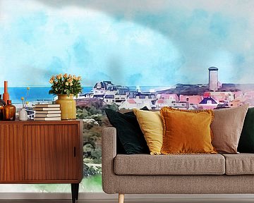 Aquarelschilderij, zicht op Domburg vanaf de westkant.