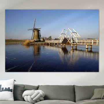 White drawbridge at Kinderdijk Mill.