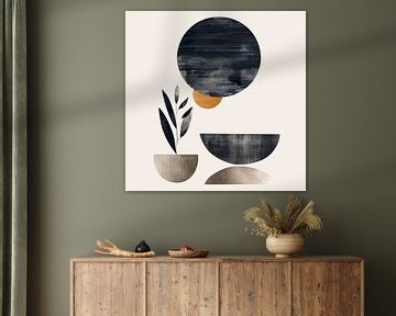 Abstractie - cirkels en plant - taupe grijs - no 1 van Marianne Ottemann - OTTI