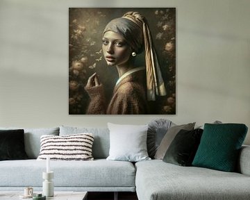 Modern Girl with the pareI Johannes Vermeer "Whispers in Bloom" by René van den Berg
