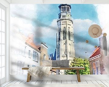 Aquarelschilderij zicht op de Lange Jan in Middelburg, Zeeland