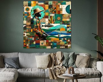 Collage/mozaïek van een Senegalese visser van Lois Diallo