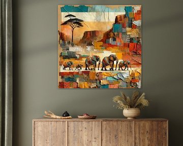 Collage Afrikaans landschap met olifantenfamilie van Lois Diallo