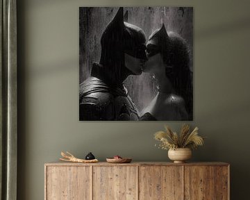 Batman und Catwoman küssen sich im strömenden Regen von Karina Brouwer