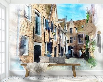 Aquarelschilderij van de Kuiperspoort in Middelburg, Zeeland.