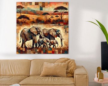 Technique mixte paysage africain avec famille d'éléphants sur Lois Diallo